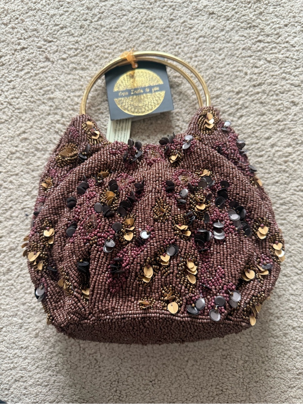 Beaded Sequin Evening Bag with Gold Handles - Rich chocolate brown